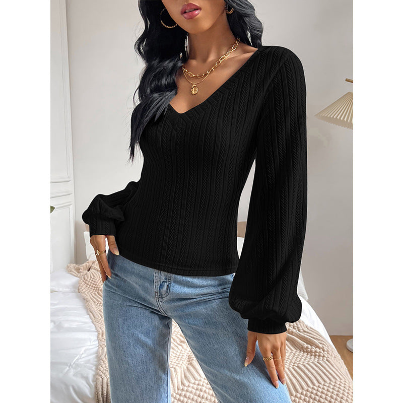 Textured Knit V-Neck Pullover with Puff Sleeves