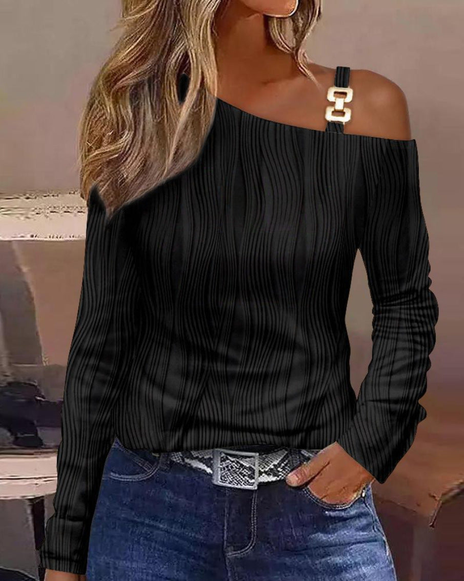 Animal Print Long Sleeve Top with Oblique Collar and Metal Buckle