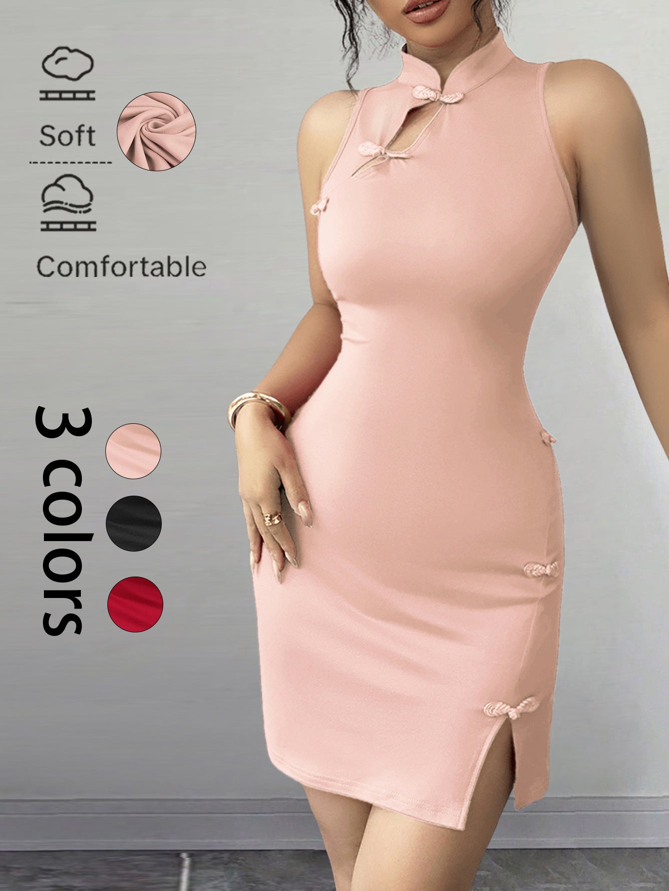 Bodycon Cheongsam Mini Dress with Mandarin Collar and Frog Buttons