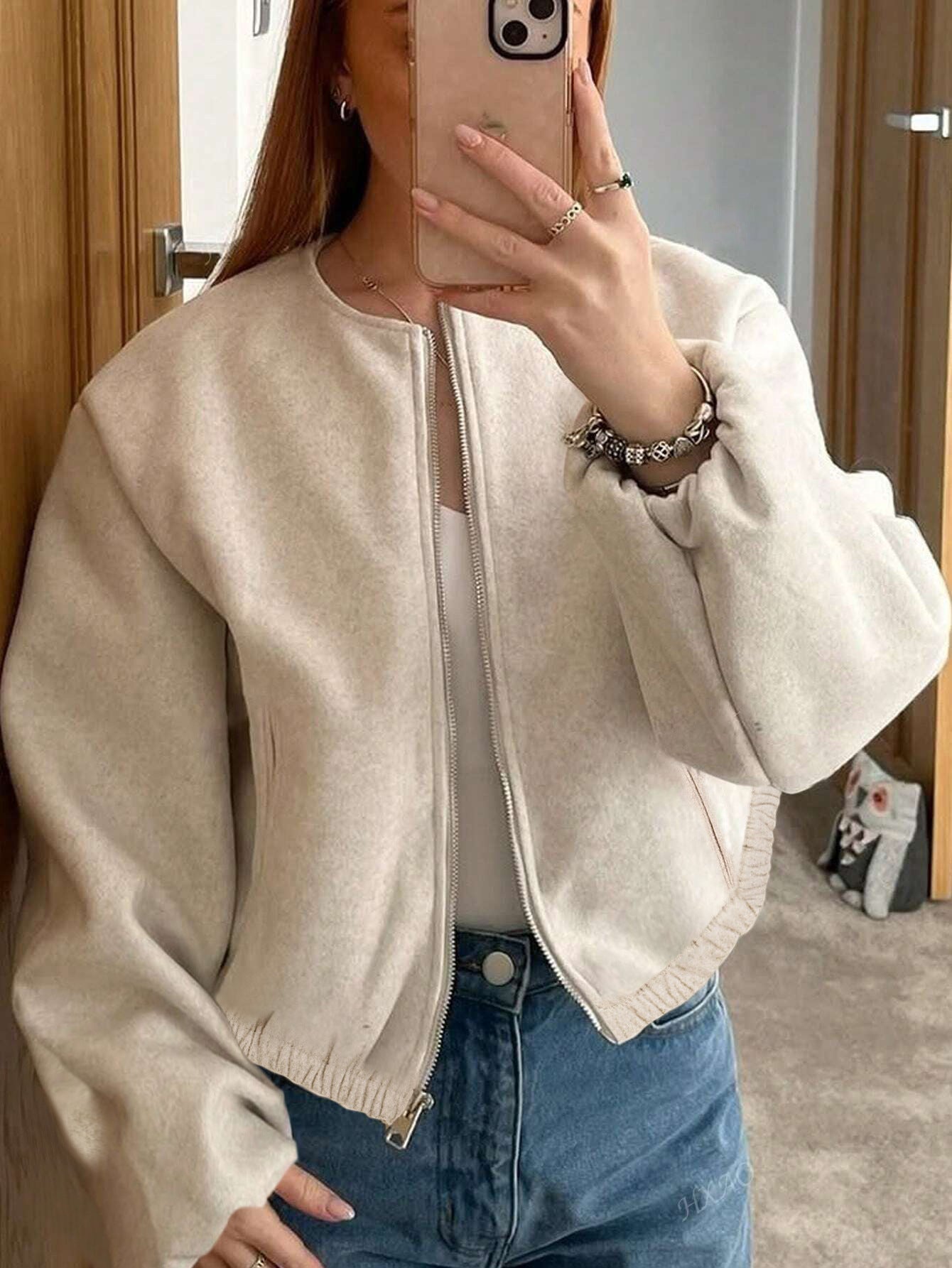 Cropped Corduroy Bomber Jacket with Round Neck