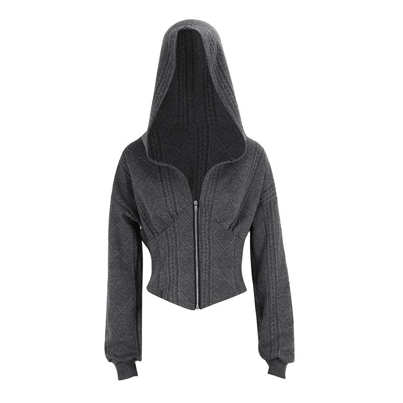Diamond Knit Hooded Cardigan with Cinched Waist