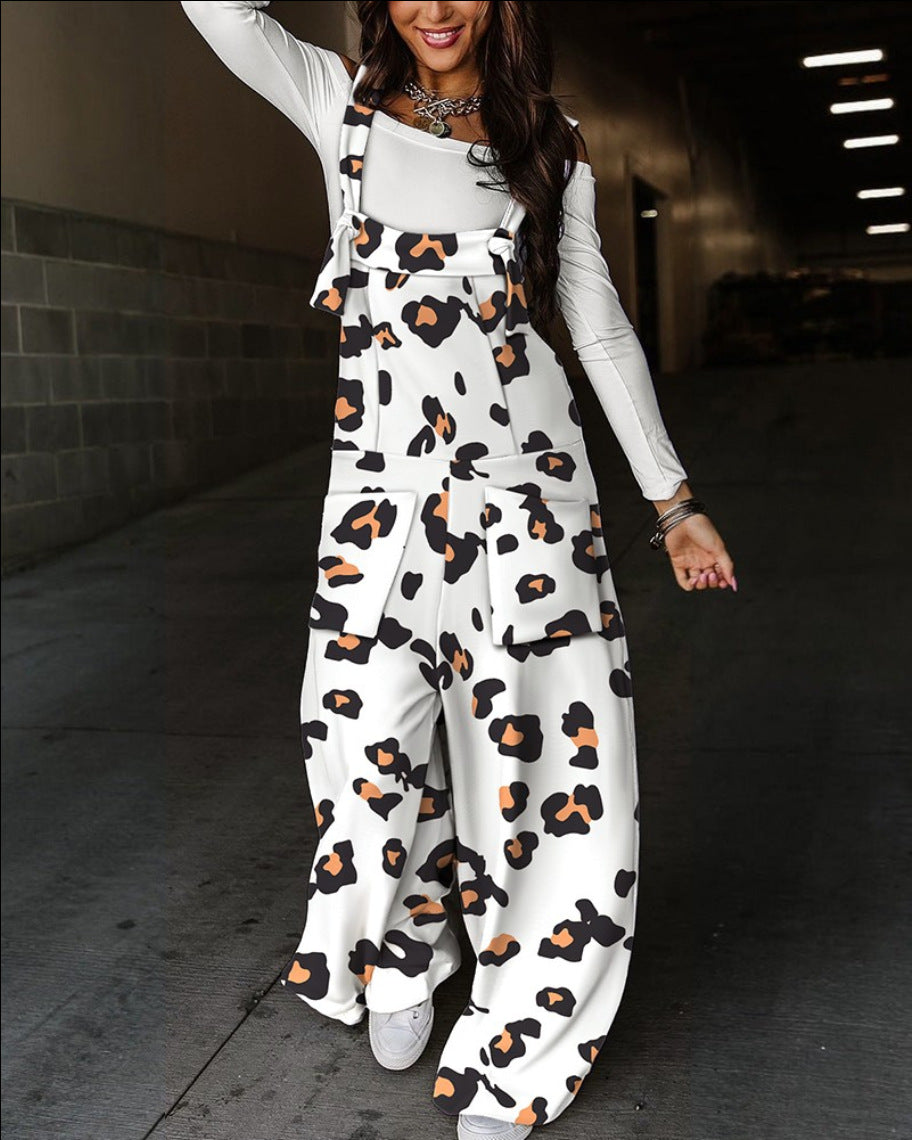 Printed Wide-Leg Dungarees with Tie Straps