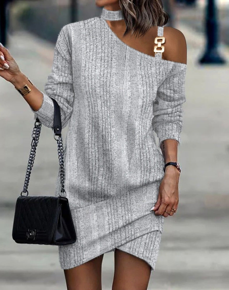Ribbed Knit Mini Dress with Choker Halter and Buckle Shoulder