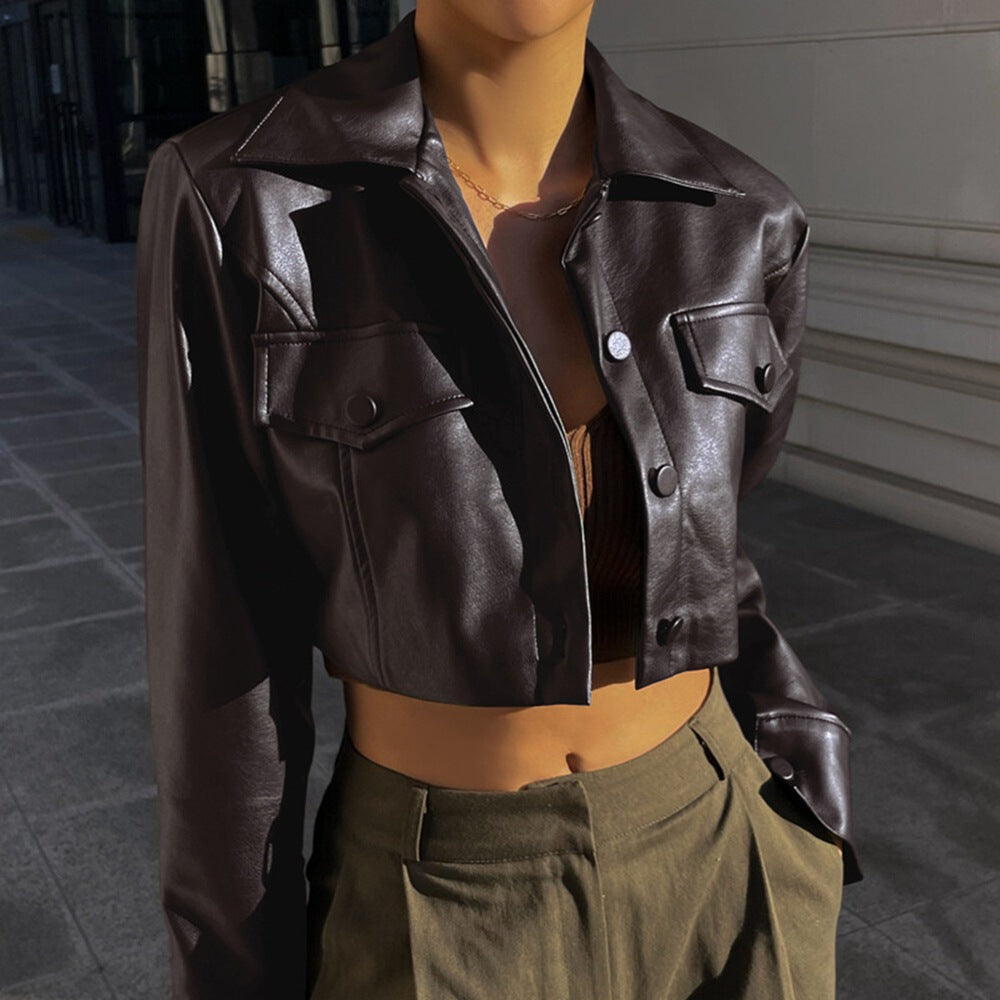 Cropped Loose Fit PU Leather Jacket with Lapel and Flap Pockets