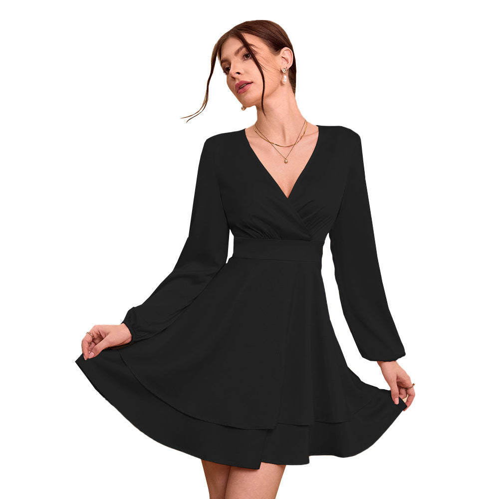 A-Line Mini Dress with V-Neck and Layered Pleated Skirt
