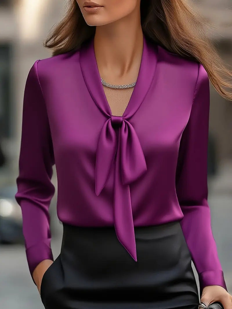 Satin Blouse with Scarf Collar and Long Sleeves