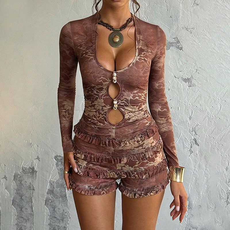 Bodycon Printed Romper with Long Sleeves and Tiered Ruffles