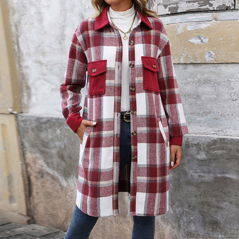 Long Plaid Shirt Jacket with Contrast Pockets