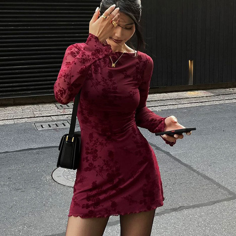 Floral Mesh Bodycon Mini Dress with Crewneck and Long Sleeves