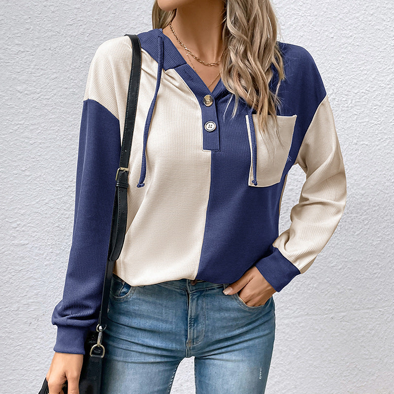 Color-Block Hooded Pullover with Henley Neck and Patch Pocket