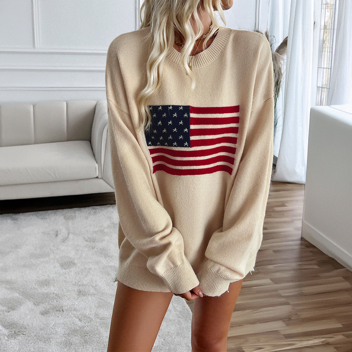 Oversized American Flag Pullover Sweater with Round Neck
