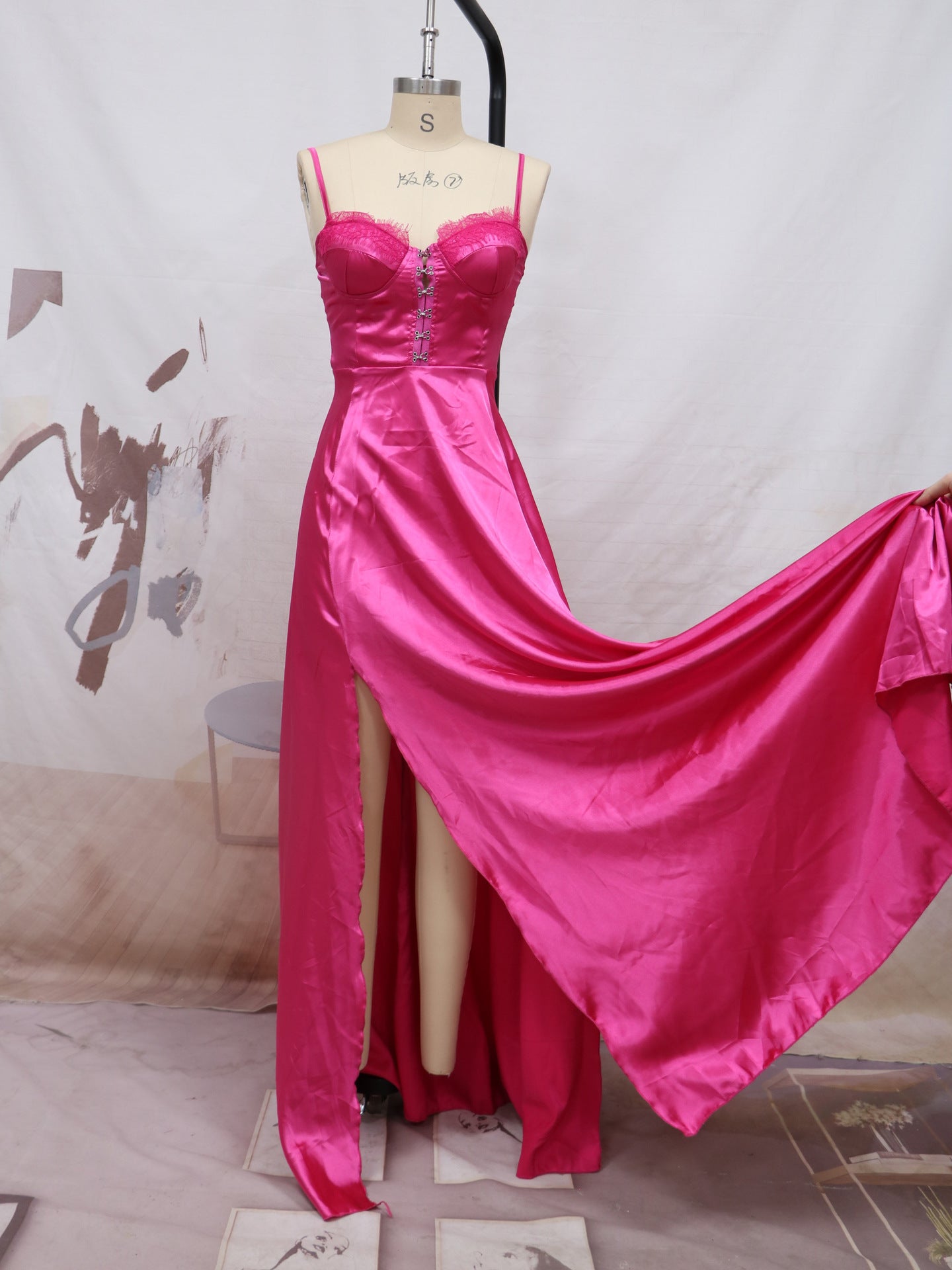 Satin Maxi Gown with Sweetheart Corset Bodice and Thigh-High Slit