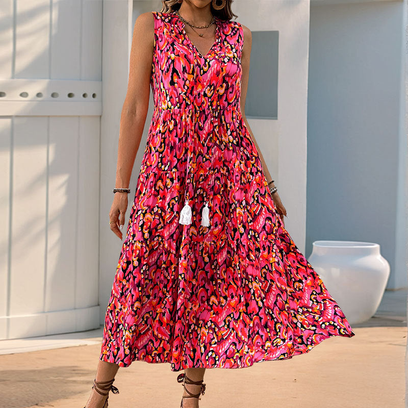 Abstract Print Tiered Midi Dress with Tassel V-Neck