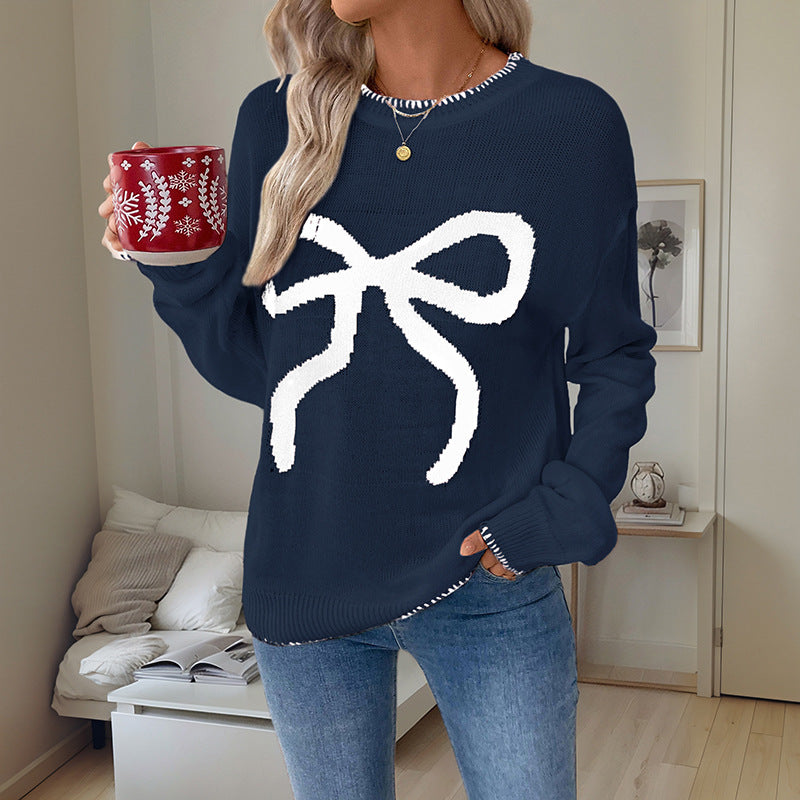 Christmas Bow Pullover Sweater with Round Neck