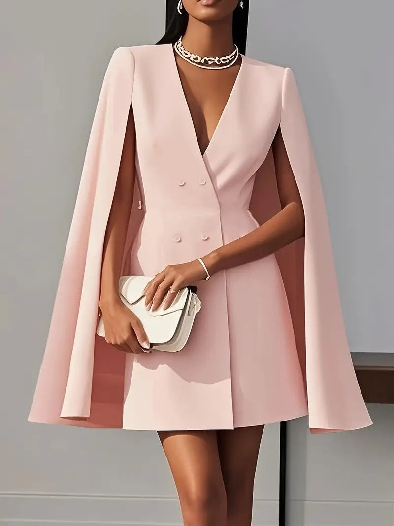 Double-Breasted Blazer Mini Dress with Cape Sleeves