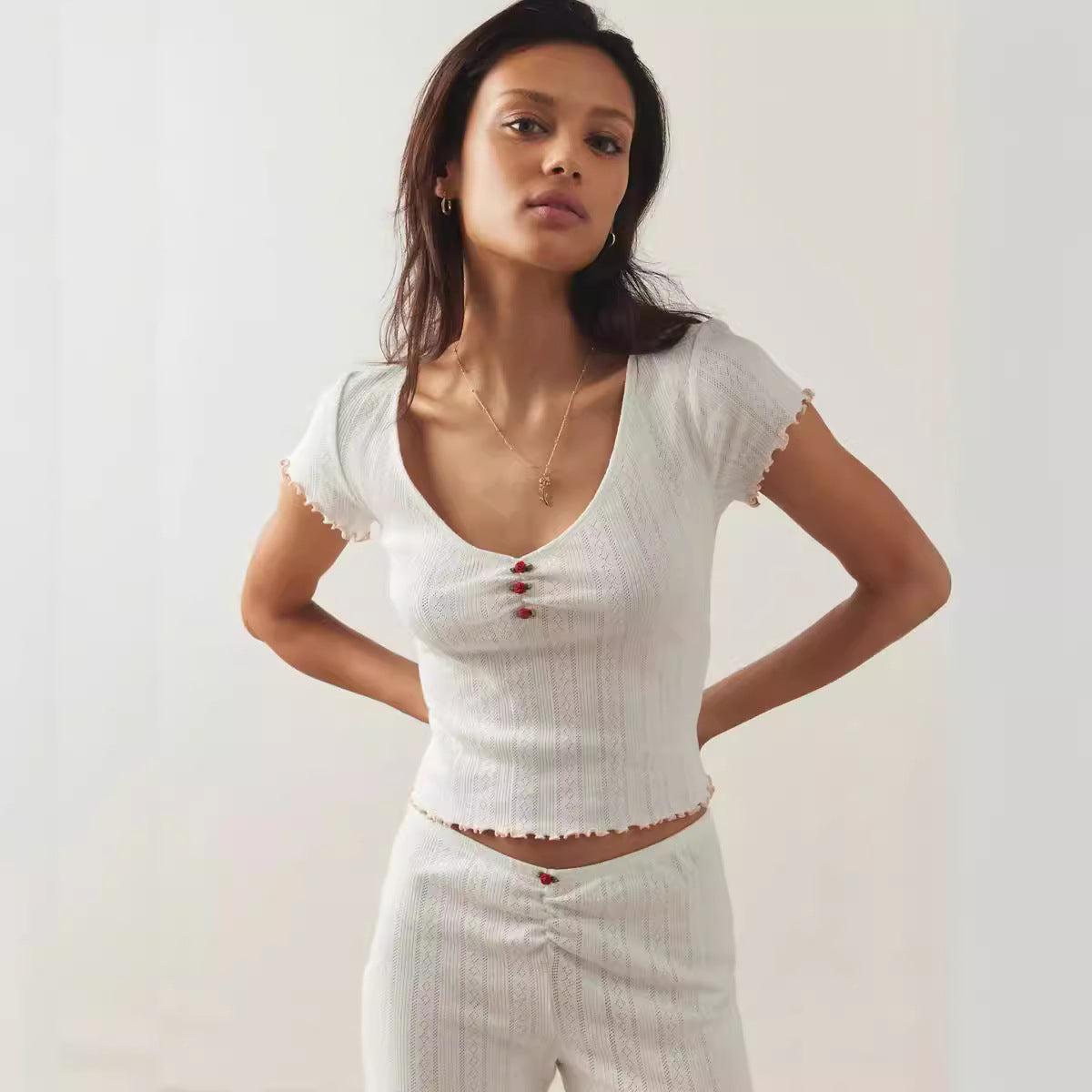 Pointelle Knit Cropped Tee with V-Neck and Rose Detail