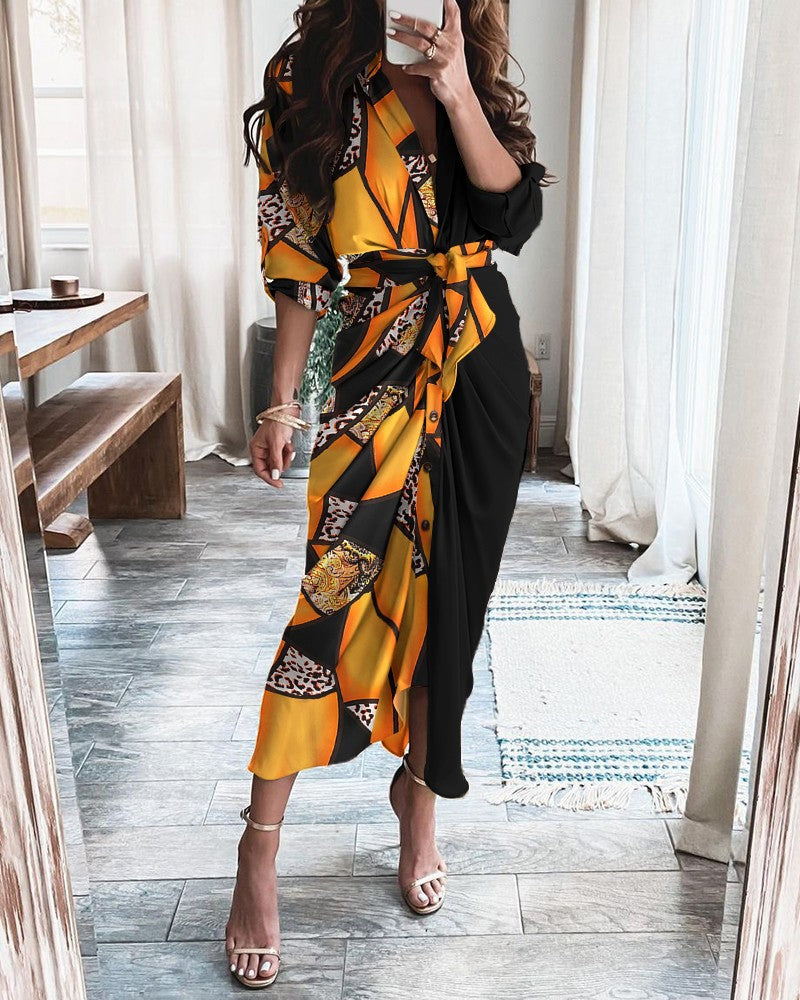 Printed Wrap Midi Dress with Button Front and Tie Waist