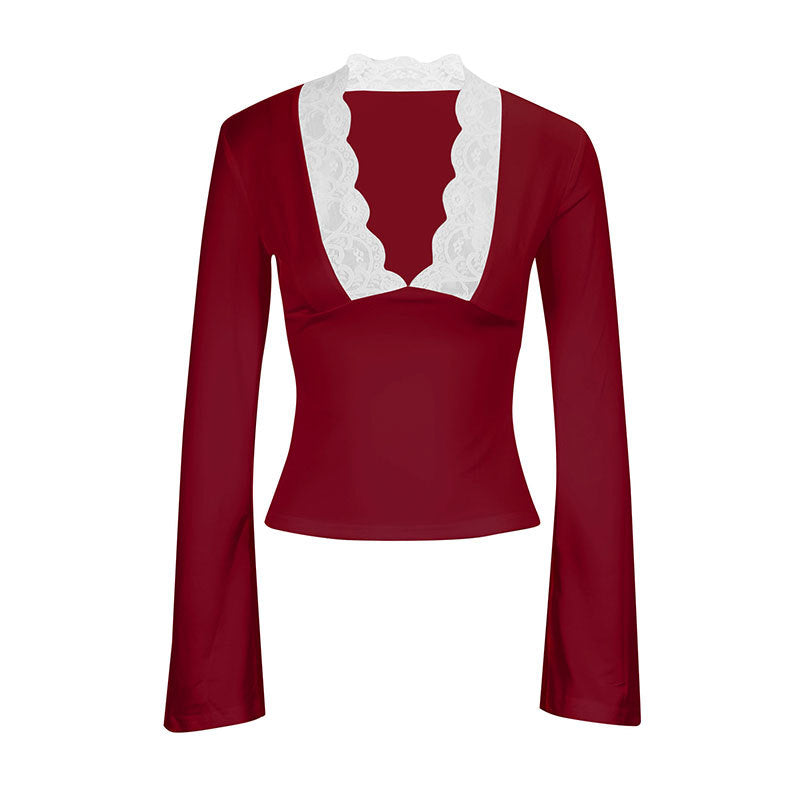 Slim Fit Long Sleeve Top with Deep V-Neck and Lace Trim