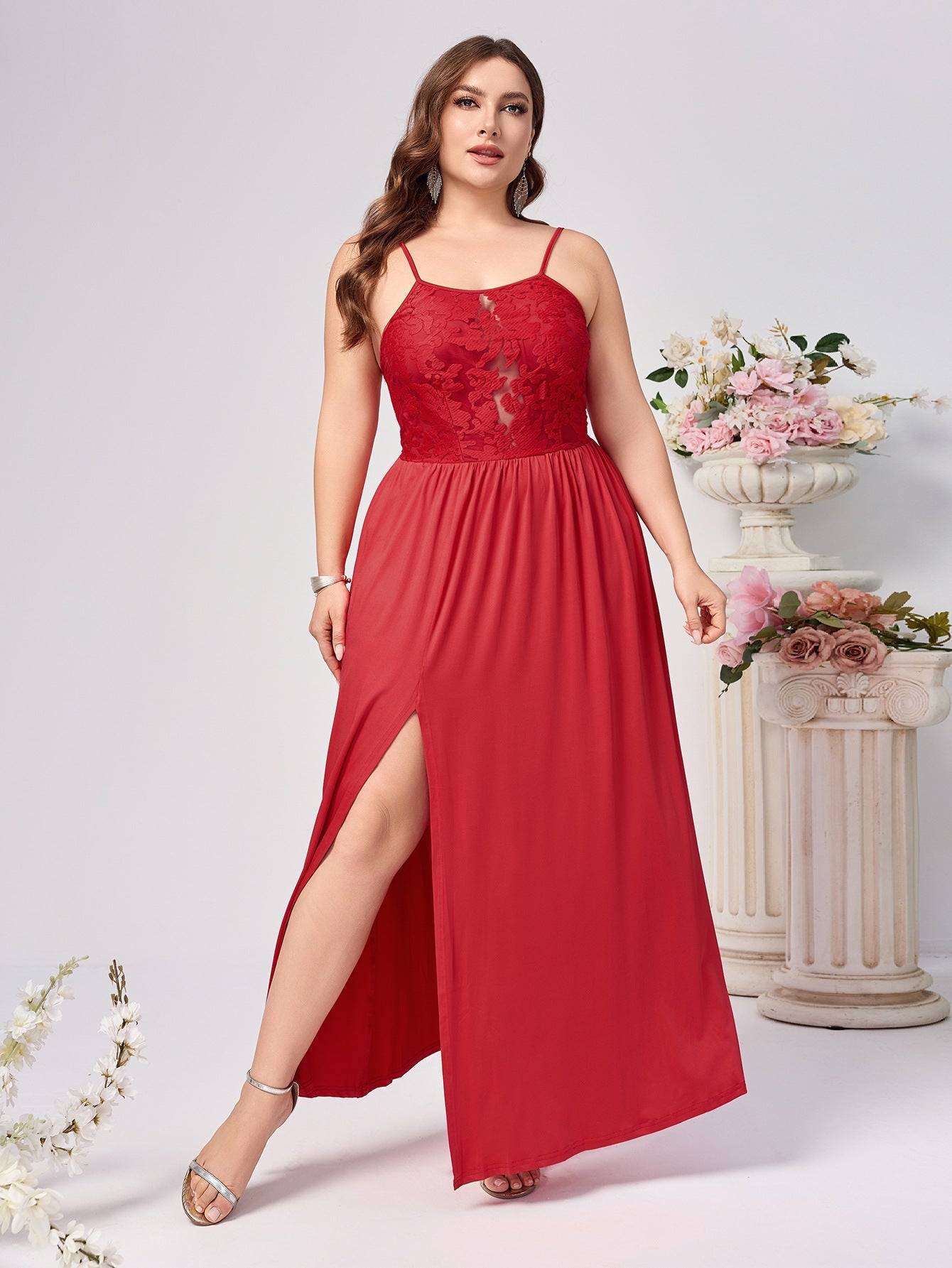 A-Line Maxi Dress with Lace Bodice and High Slit