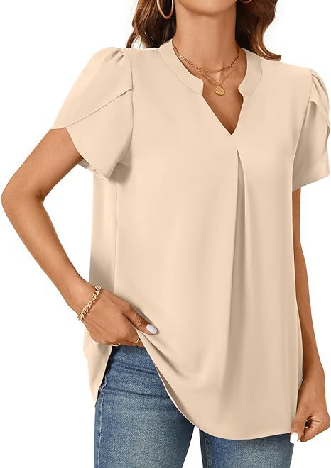 Solid V-Neck Blouse with Petal Sleeves and Pleated Front