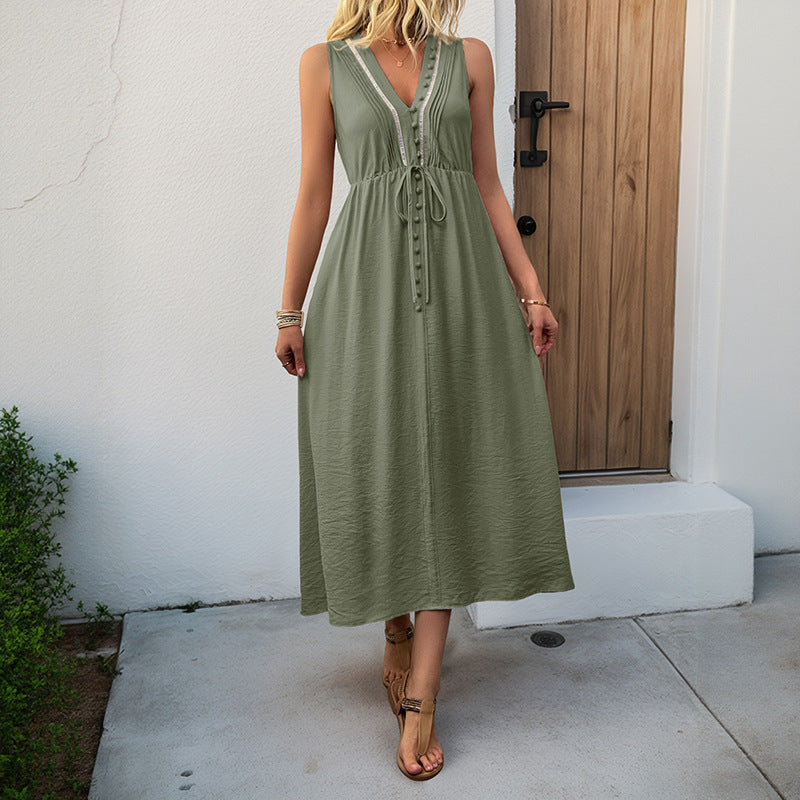 Solid A-Line Midi Dress with V-Neck and Tie Waist