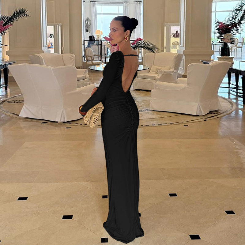 Ruched Bodycon Maxi Dress with Open Back and Long Sleeves