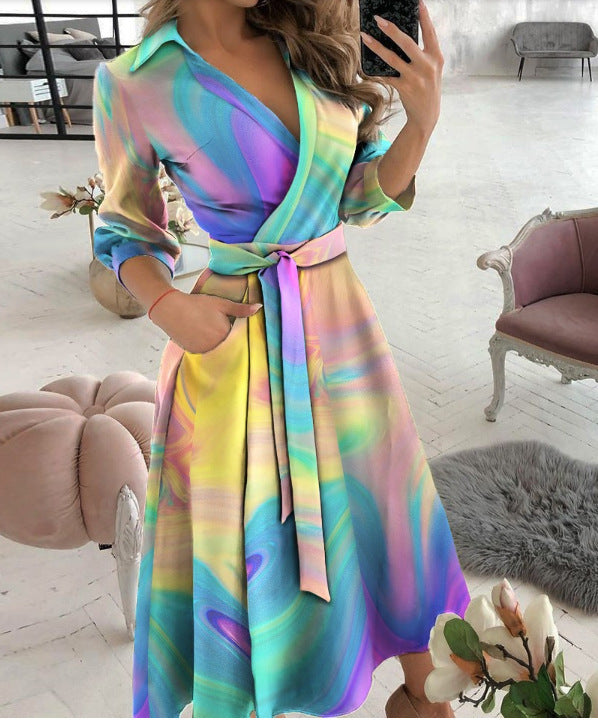 Printed Wrap Midi Dress with Shirt Collar and 3/4 Sleeves