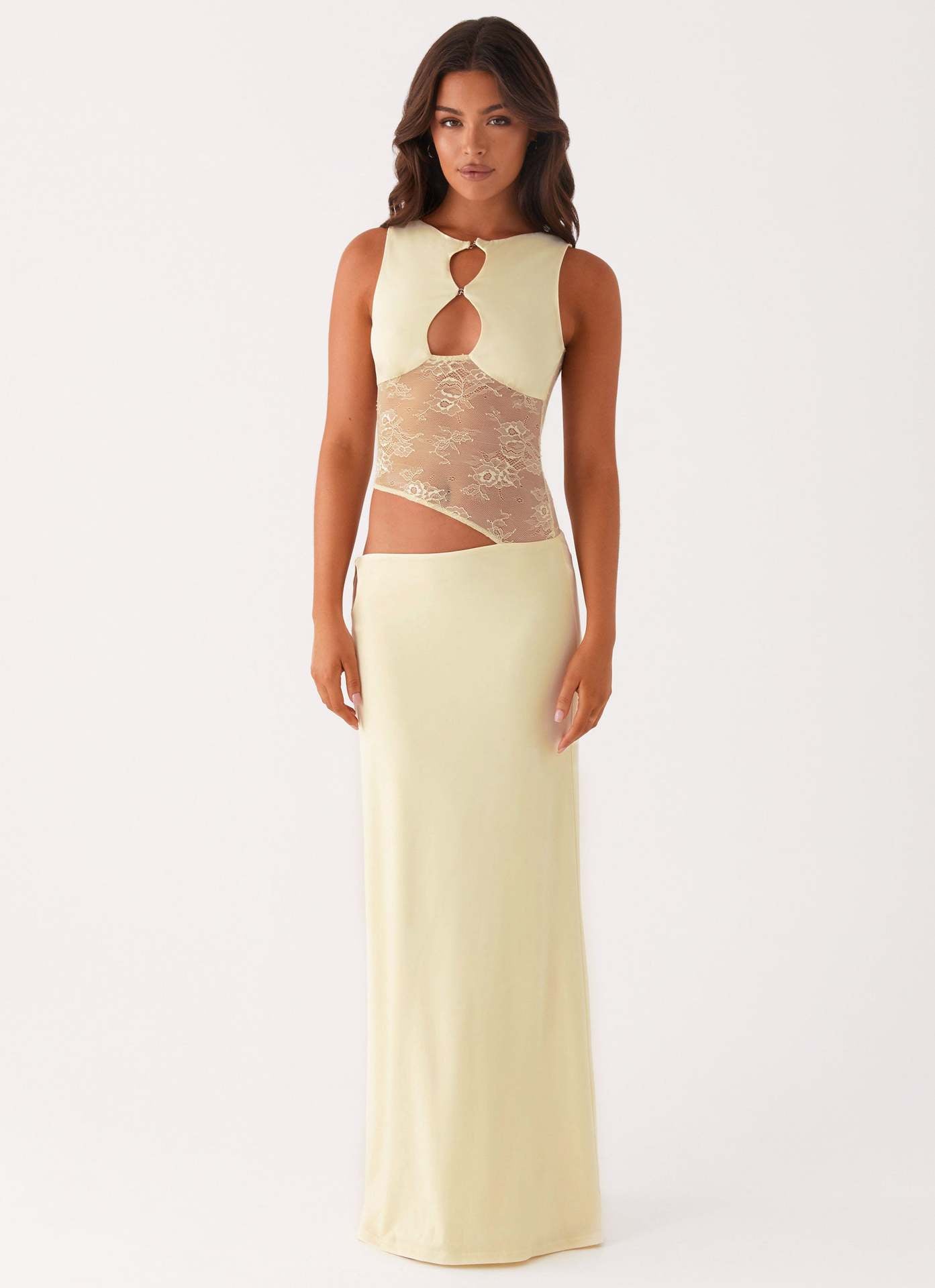 Bodycon Maxi Dress with Asymmetric Lace Panel and Cut-Outs