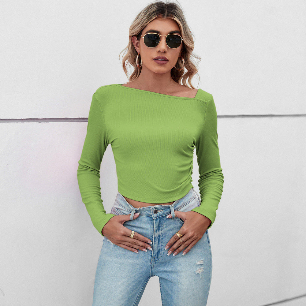 Ribbed Long Sleeve Crop Top with Asymmetrical Neckline