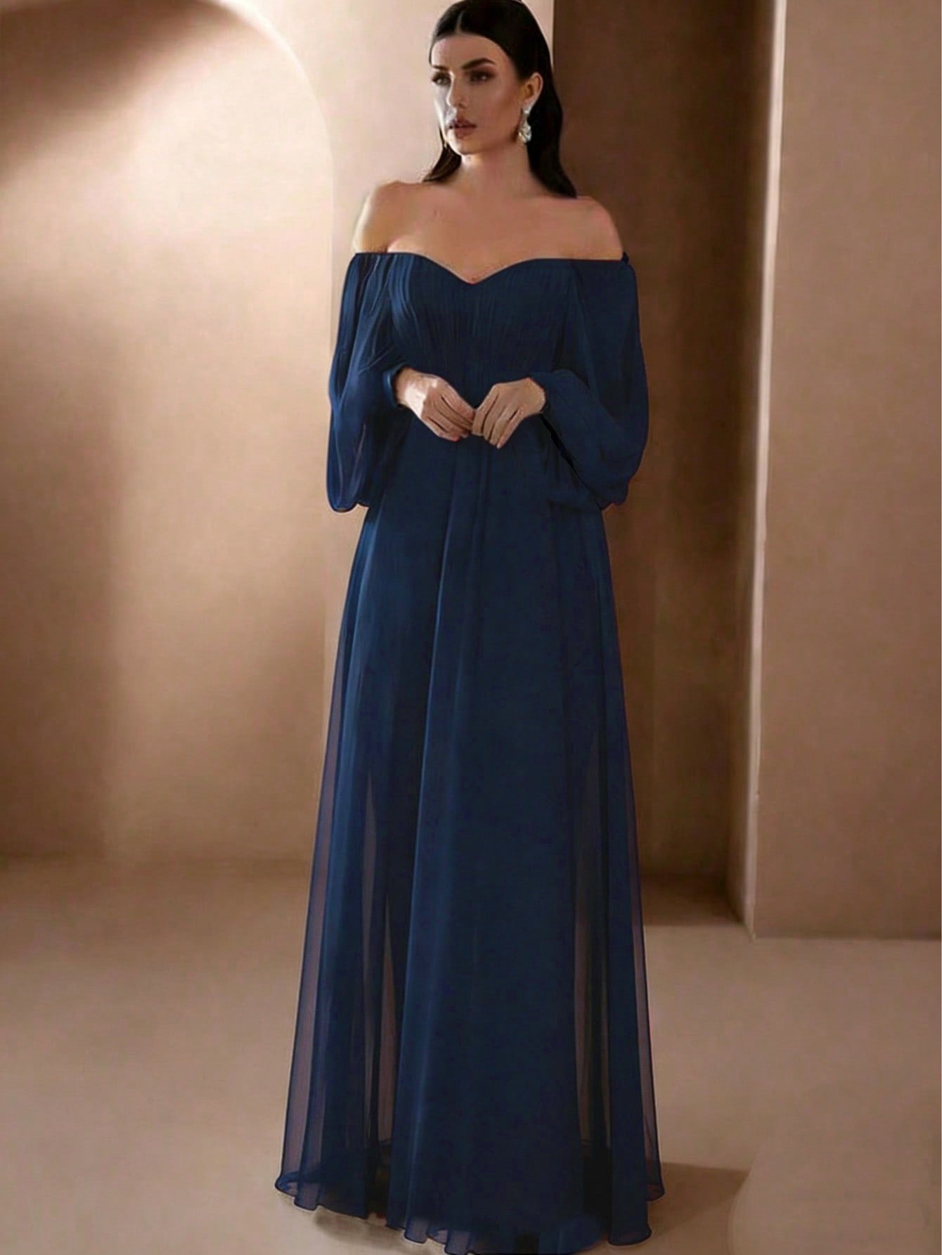 A-Line Maxi Dress with Off-Shoulder Balloon Sleeves