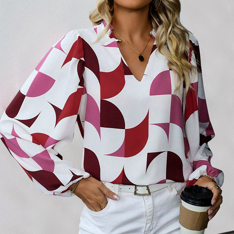 Abstract Print Shirt with Puff Sleeves and V-Neck