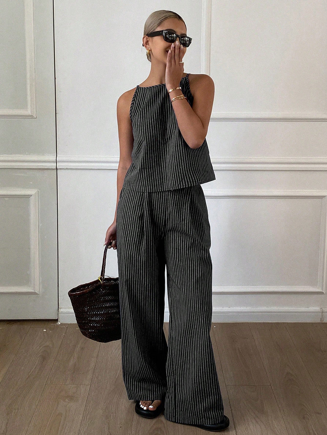 Striped Two-Piece Set with Sleeveless Top and Wide-Leg Pants