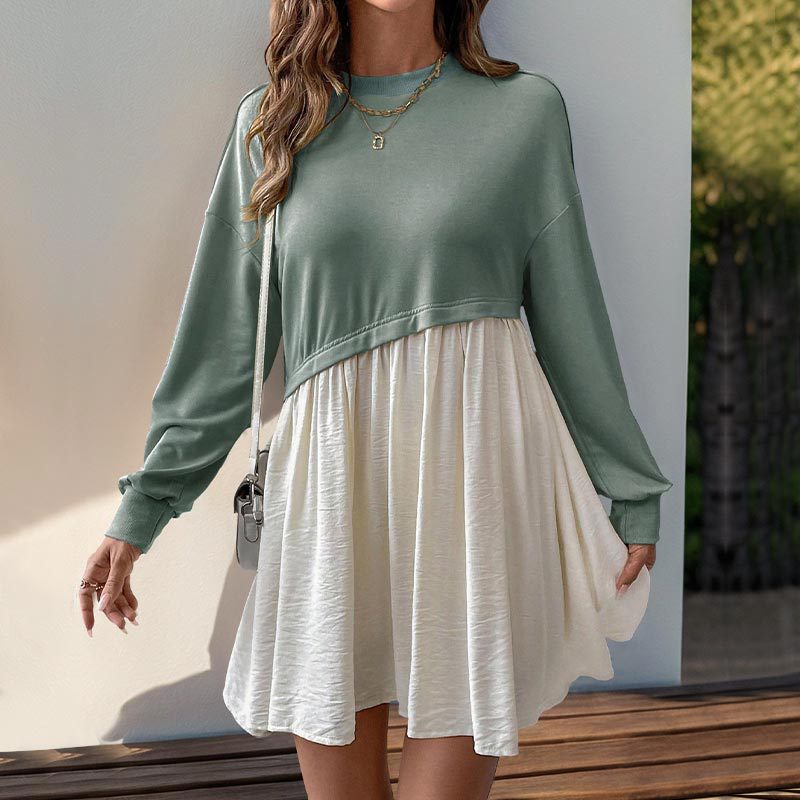 Color Block Loose Dress with Spliced Layered Design