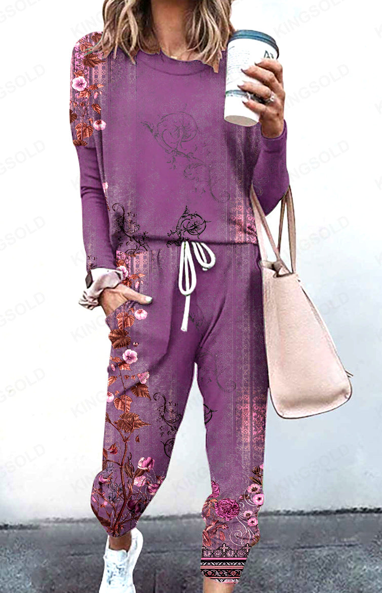 Spliced Long Sleeve Loungewear Set with Jogger Pants