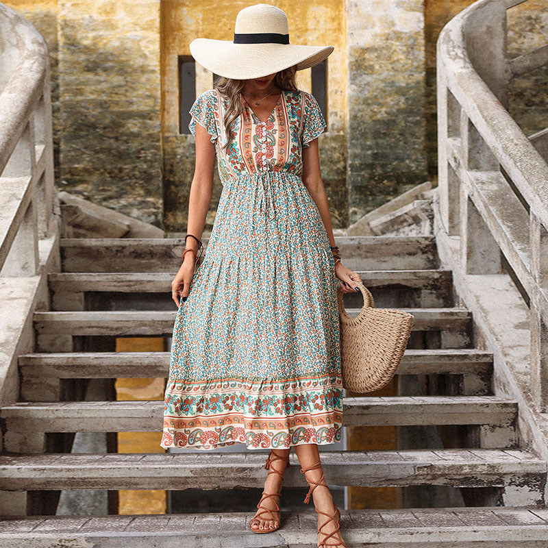 Ethnic Print A-Line Midi Dress with V-Neck