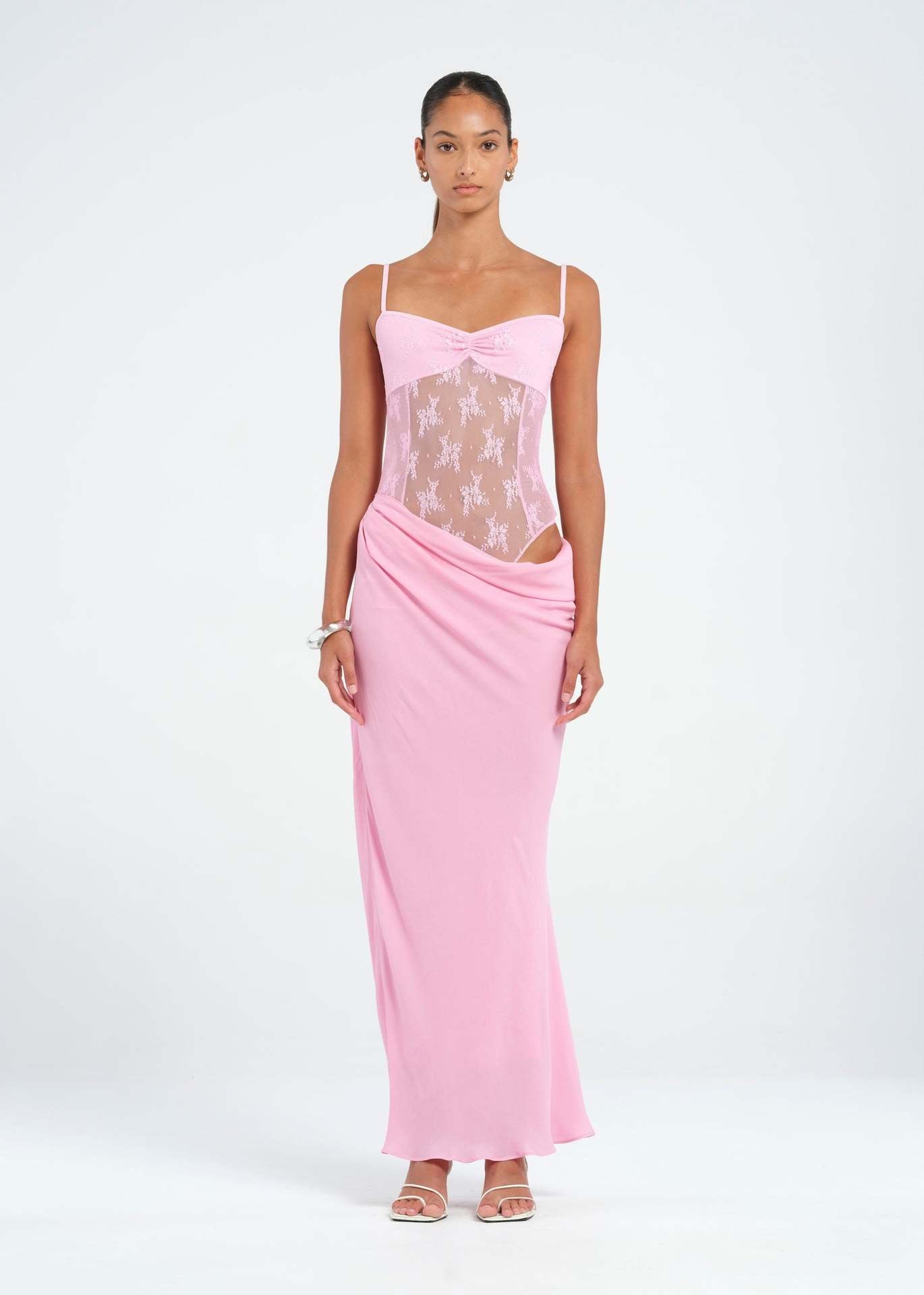 Mermaid Maxi Dress with Lace Bodice and Asymmetrical Draped Waist