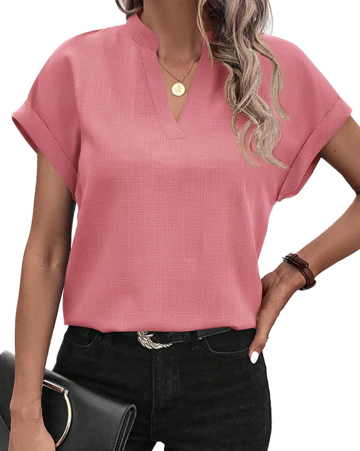 Short Sleeve V-Neck Blouse in Textured Polyester