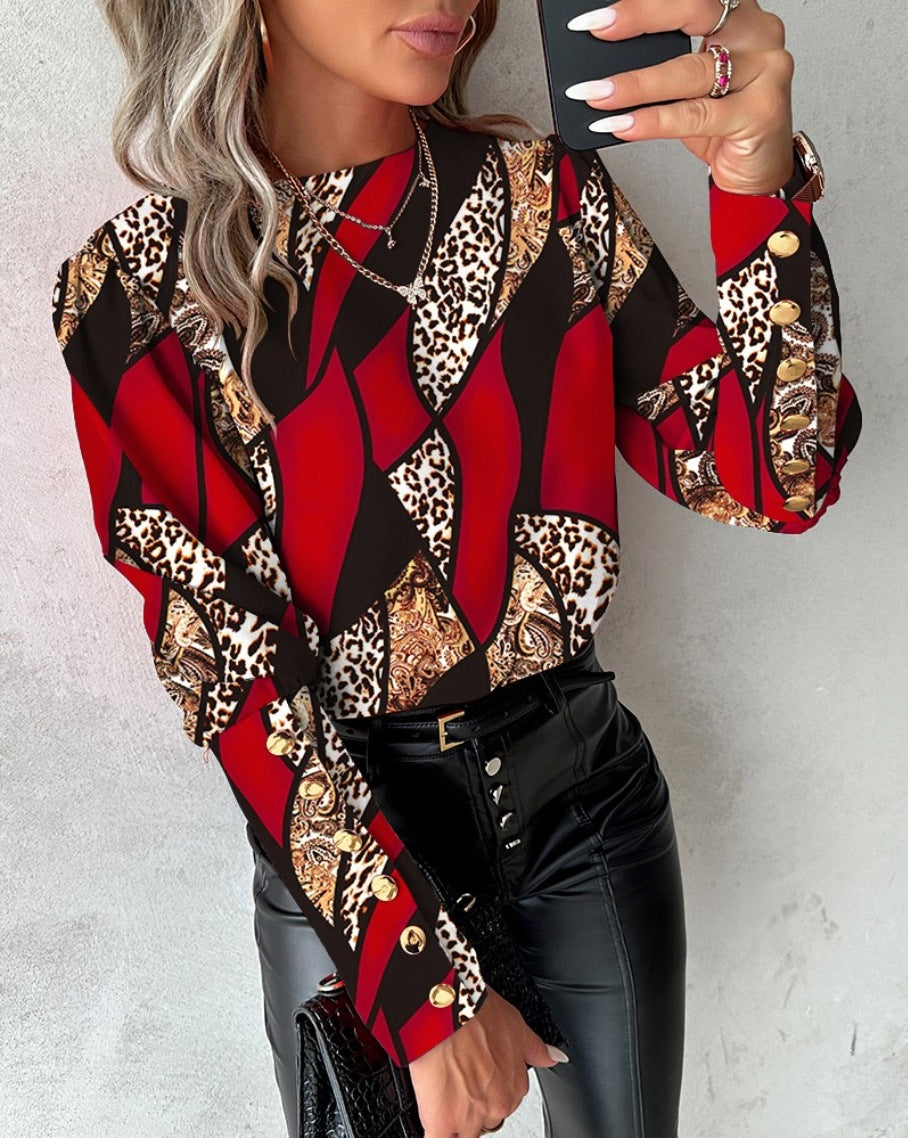 Geometric & Leopard Print Blouse with Round Neck and Button Cuffs