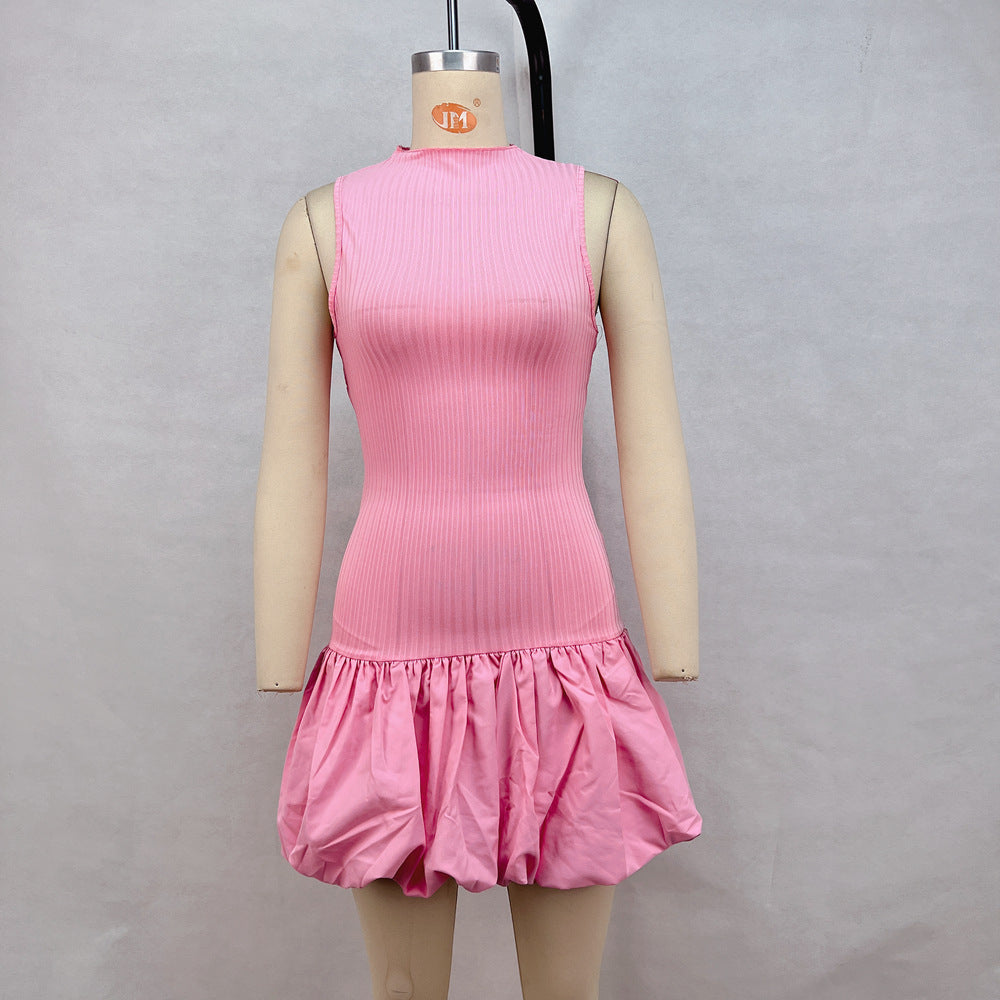 Sleeveless A-Line Pleated Dress Black & Pink