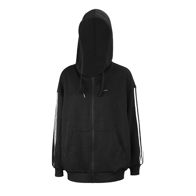 Loose Fit Textured Zip-Up Hoodie with Striped Sleeves