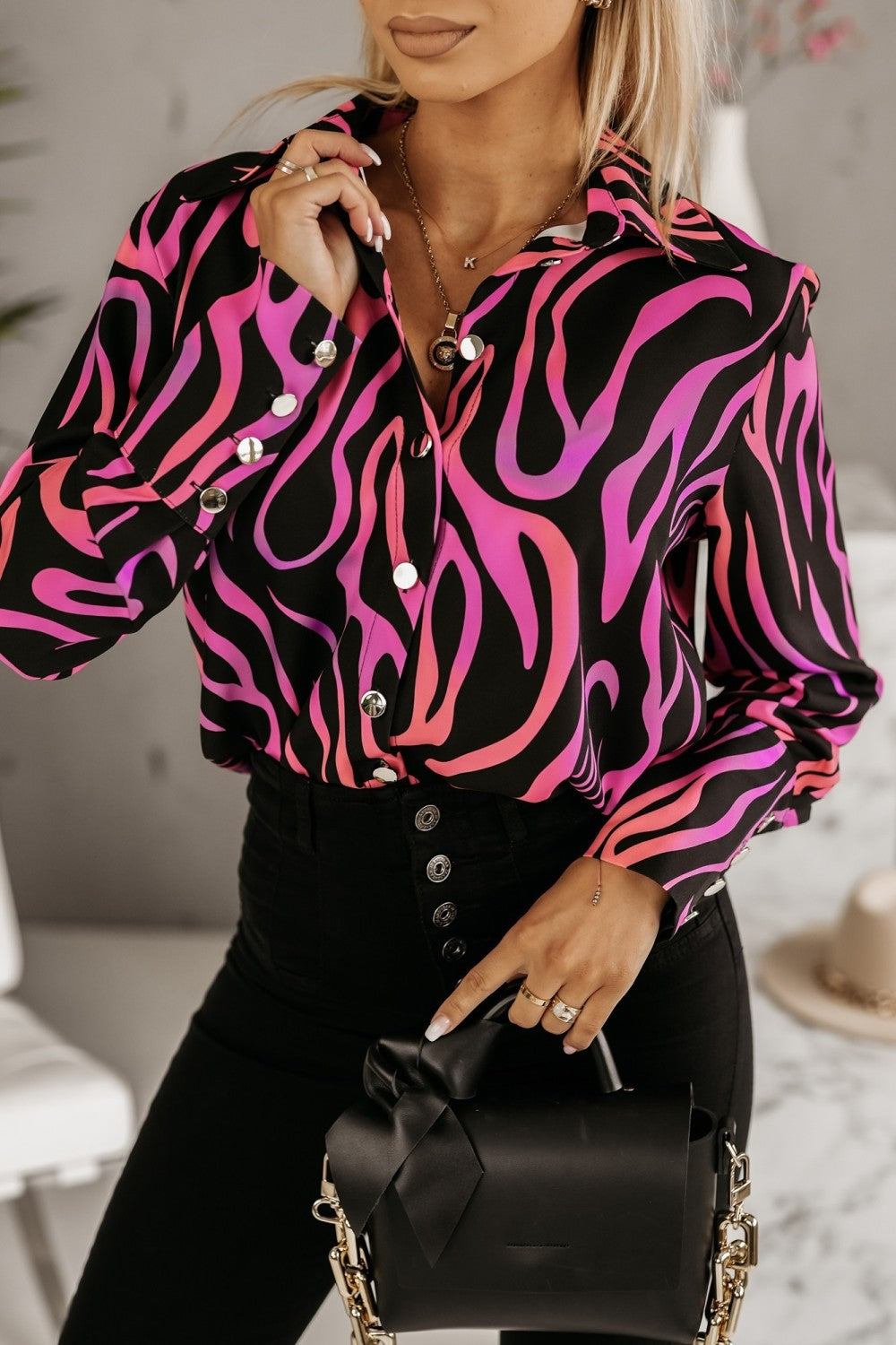 Abstract Print Button-Down Shirt with Long Sleeves