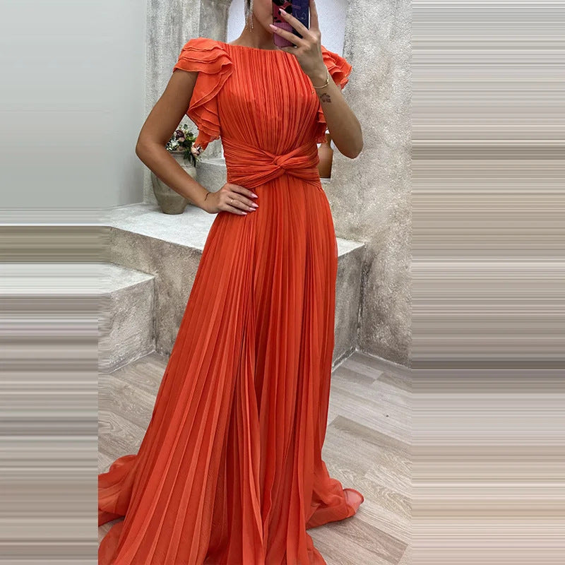 Pleated Maxi Dress with Waist Knot and Ruffle Sleeves