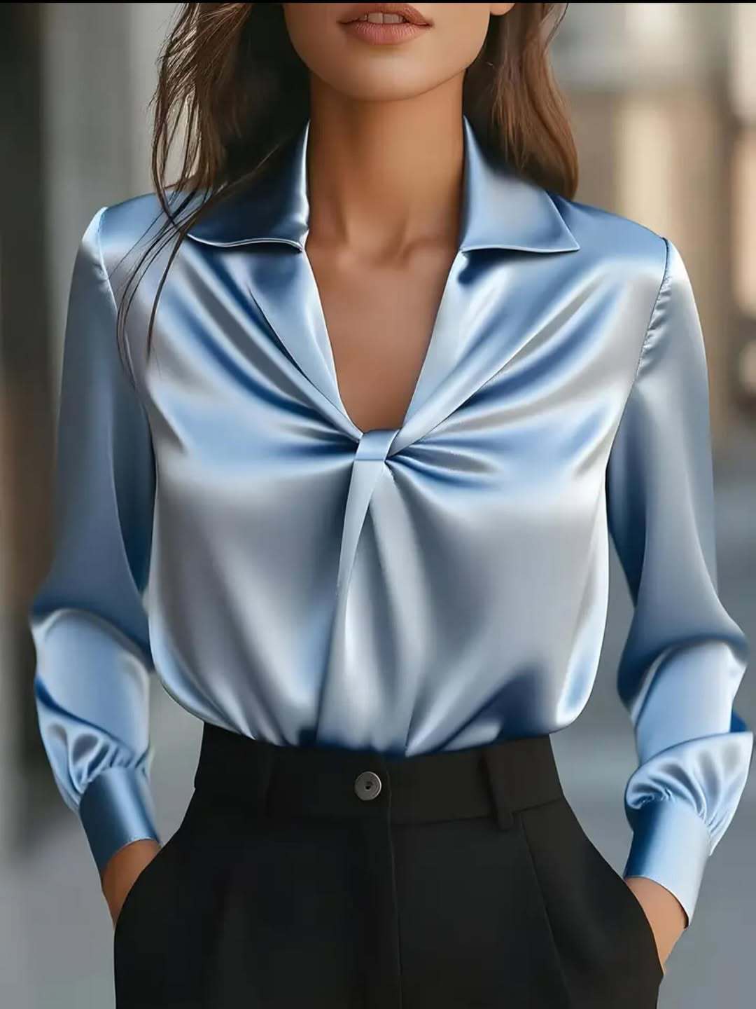 Solid Satin Blouse with Lapel Collar and Twisted Front