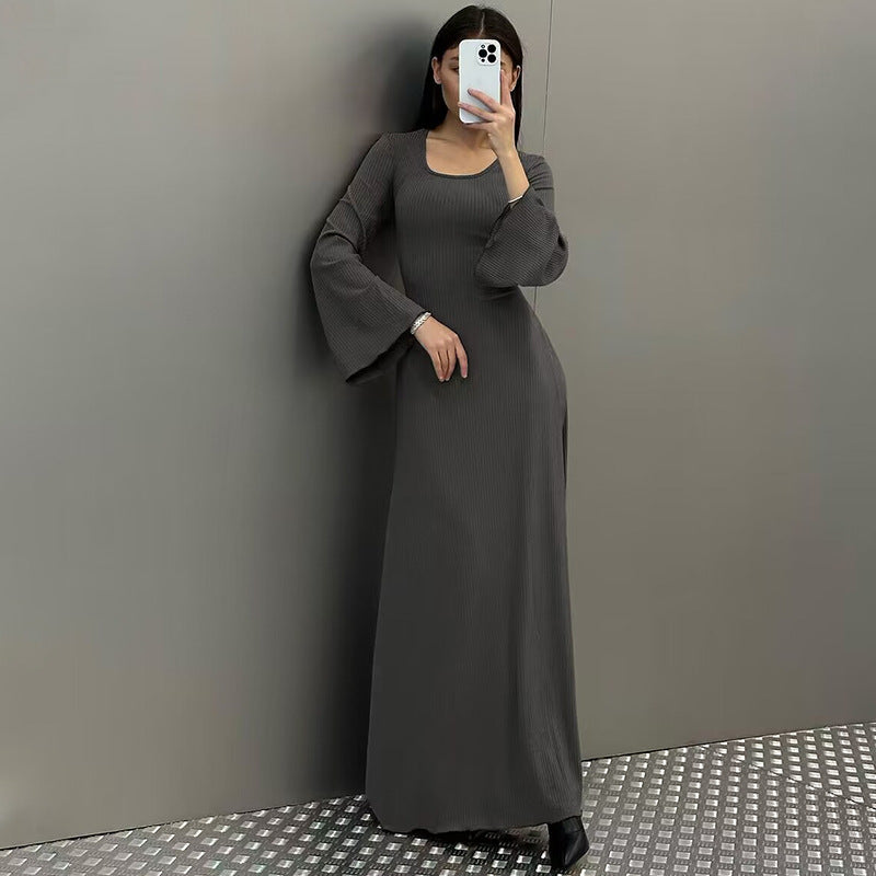 Ribbed Maxi Dress with Bell Sleeves and Lace-Up Back
