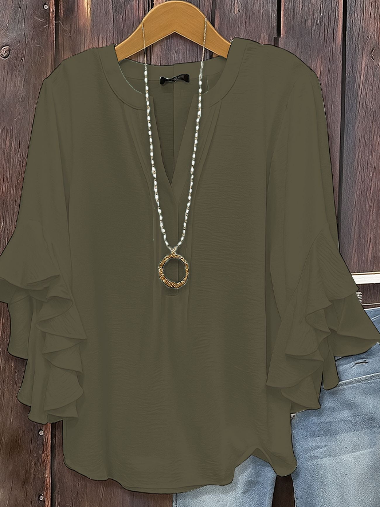 Solid V-Neck Top with Three-Quarter Tiered Ruffle Sleeves