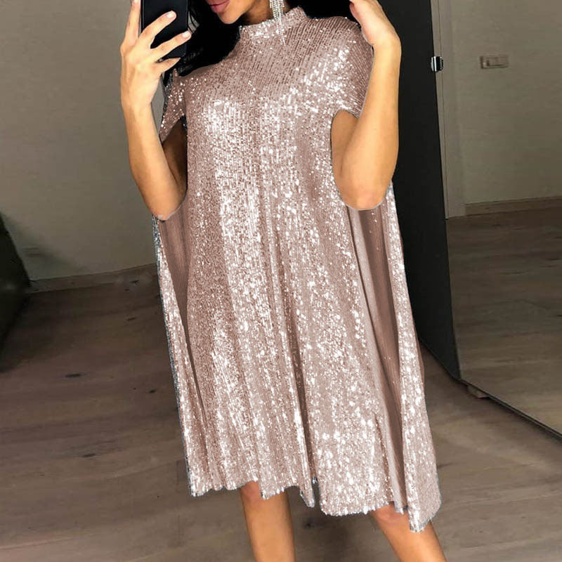 A-Line Sequin Dress with Stand Collar and Cape Sleeves