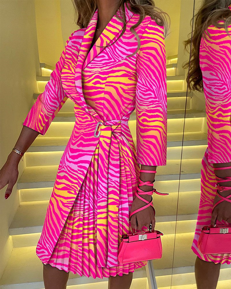 Printed Blazer Wrap Dress with Pleated Midi Skirt