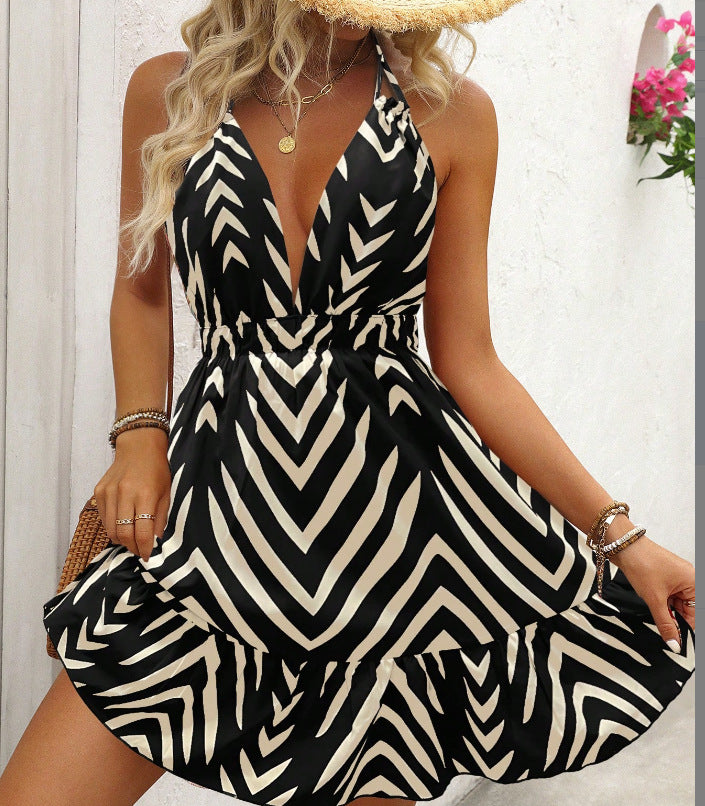 Geometric Print Halter Mini Dress with Deep V-Neck
