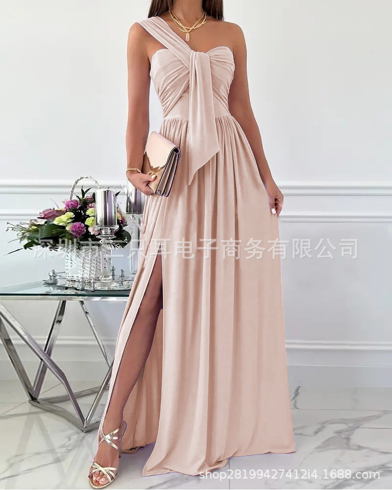 Solid Maxi Dress with One-Shoulder Knot Detail and Side Slit