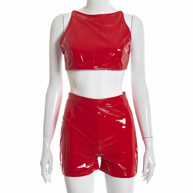 Bodycon PU Leather Two-Piece Set with Backless Crop Top and Shorts